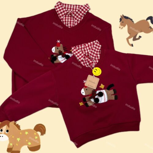 馬年格紋襯衫假兩件親子套裝