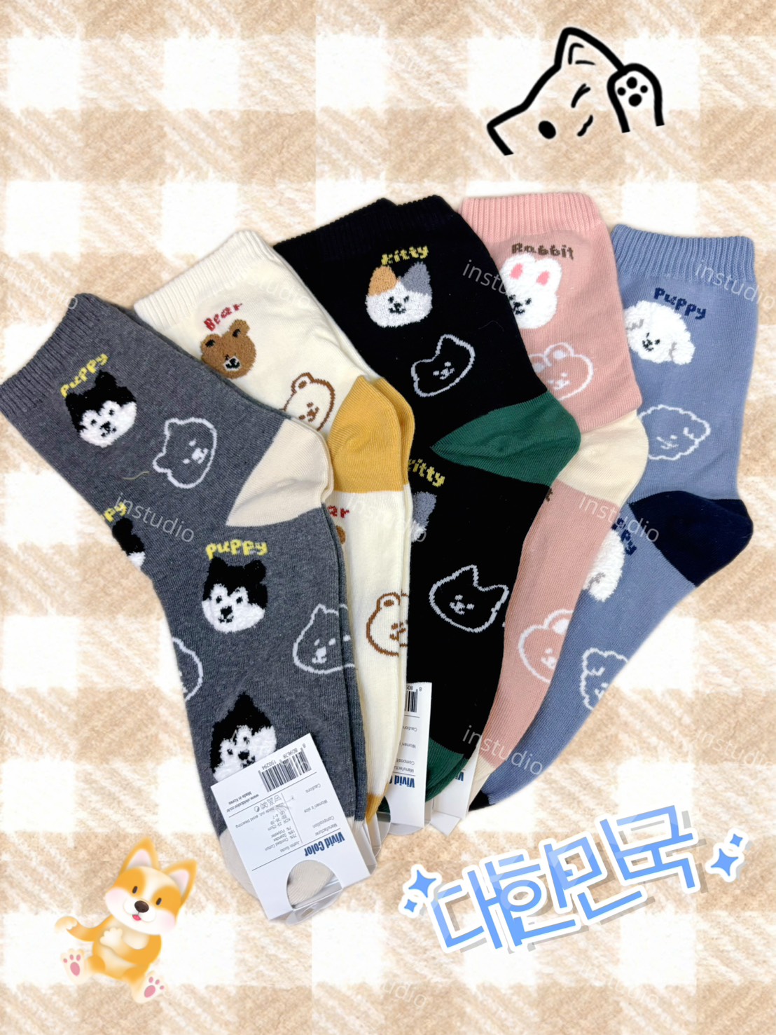 韓系動物塗鴉中筒襪