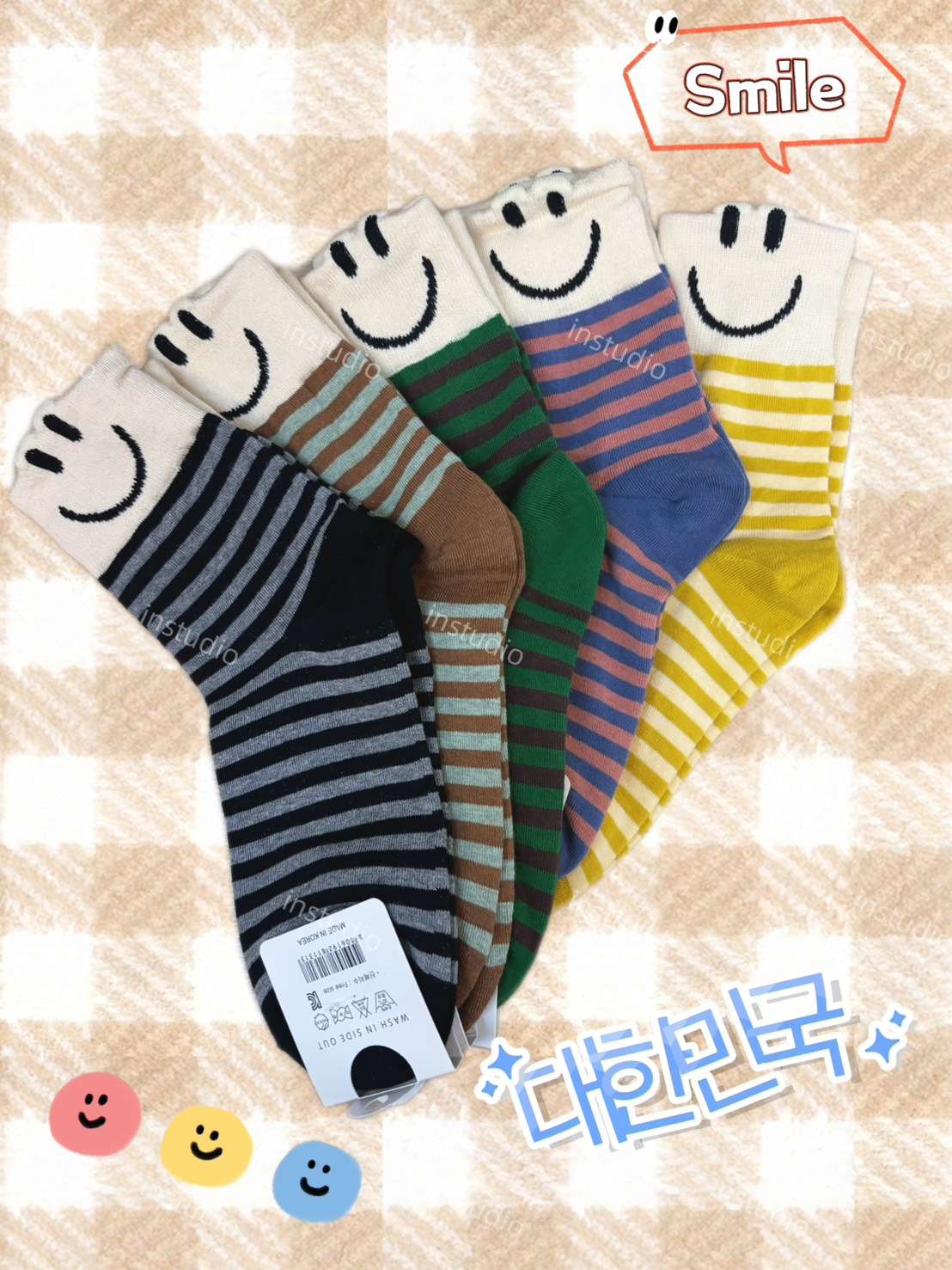 韓系條紋微笑中筒襪