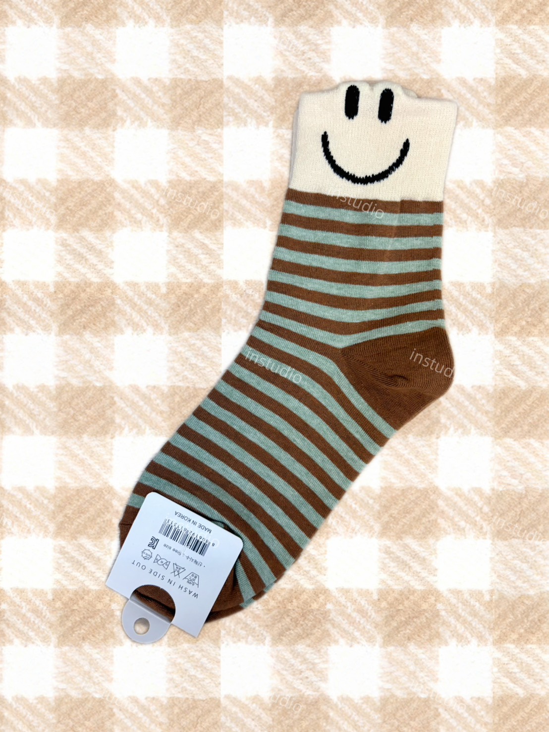 韓系條紋微笑中筒襪